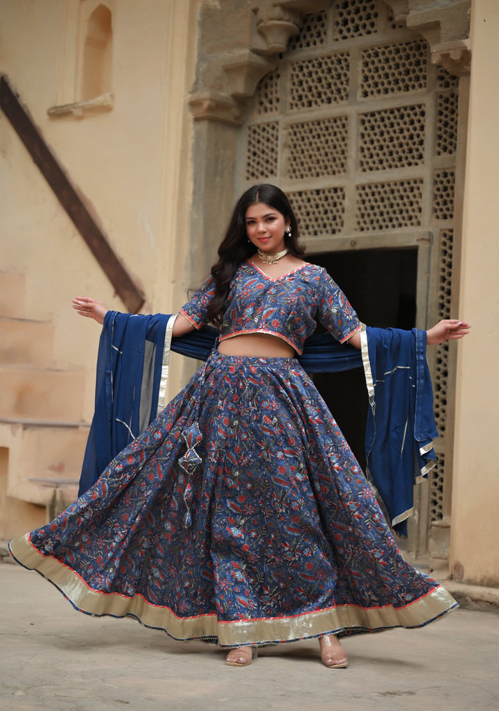Noor Indigo Chanderi Silk Cotton Lehenga Set, Made to Order