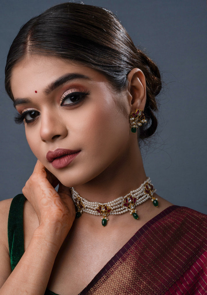 Charming Kemp Lotus on 5 row dainty beads Choker Set | Shobitam Jewelry