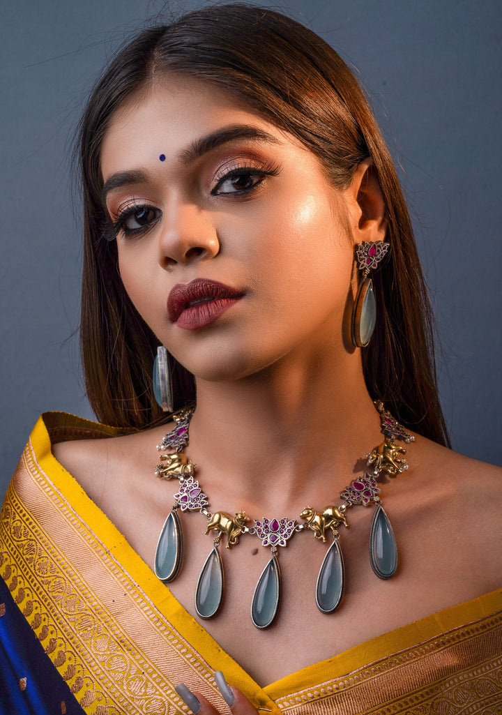 Fusion Dual Tone Jewelry with Pichwai Cow Units and Pink Stones| Shobitam Jewelry