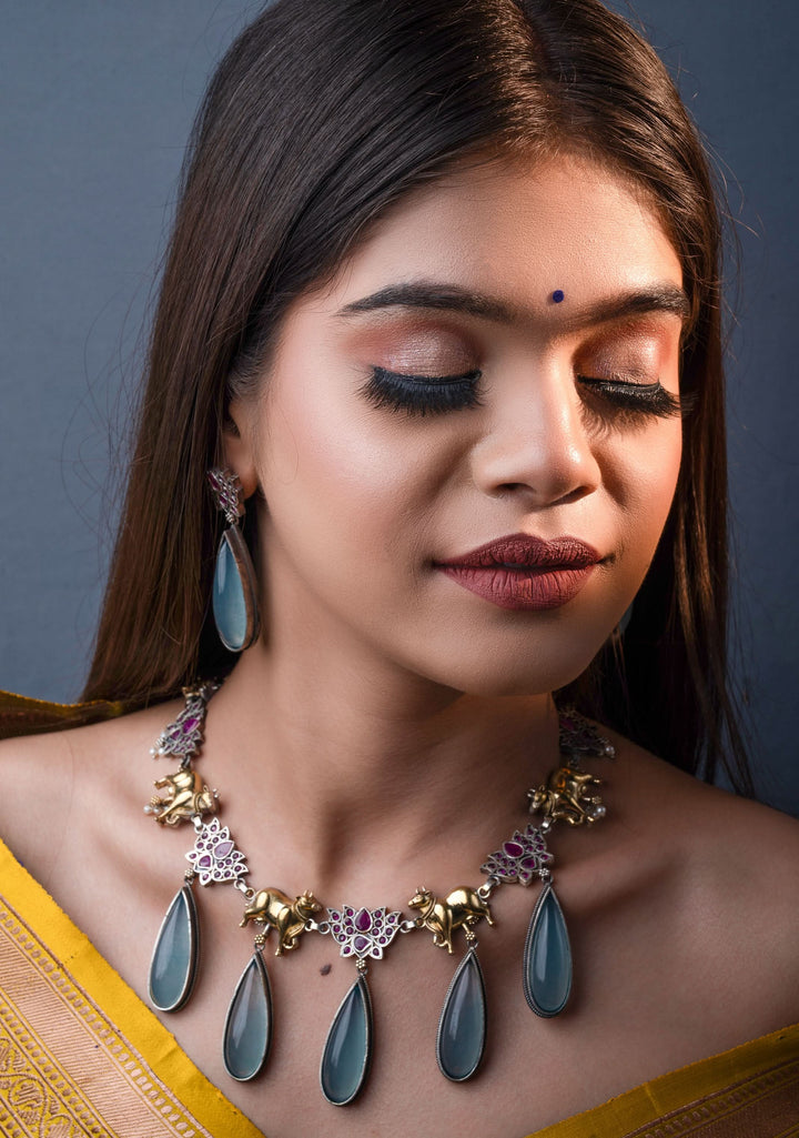 Fusion Dual Tone Jewelry with Pichwai Cow Units and Pink Stones| Shobitam Jewelry