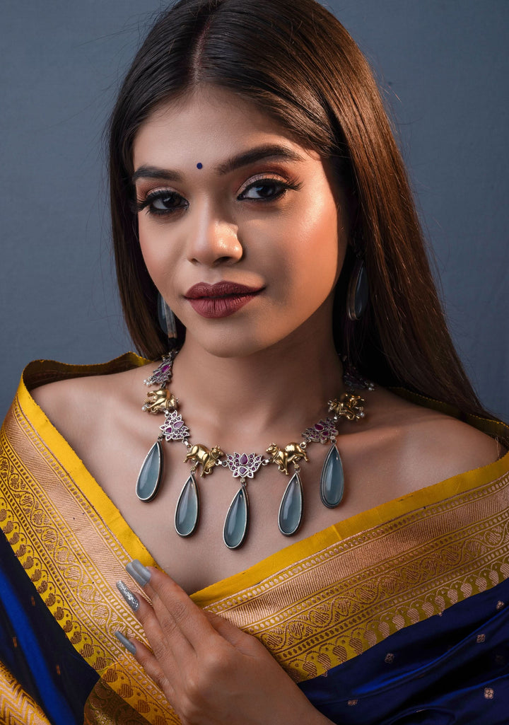 Fusion Dual Tone Jewelry with Pichwai Cow Units and Pink Stones| Shobitam Jewelry