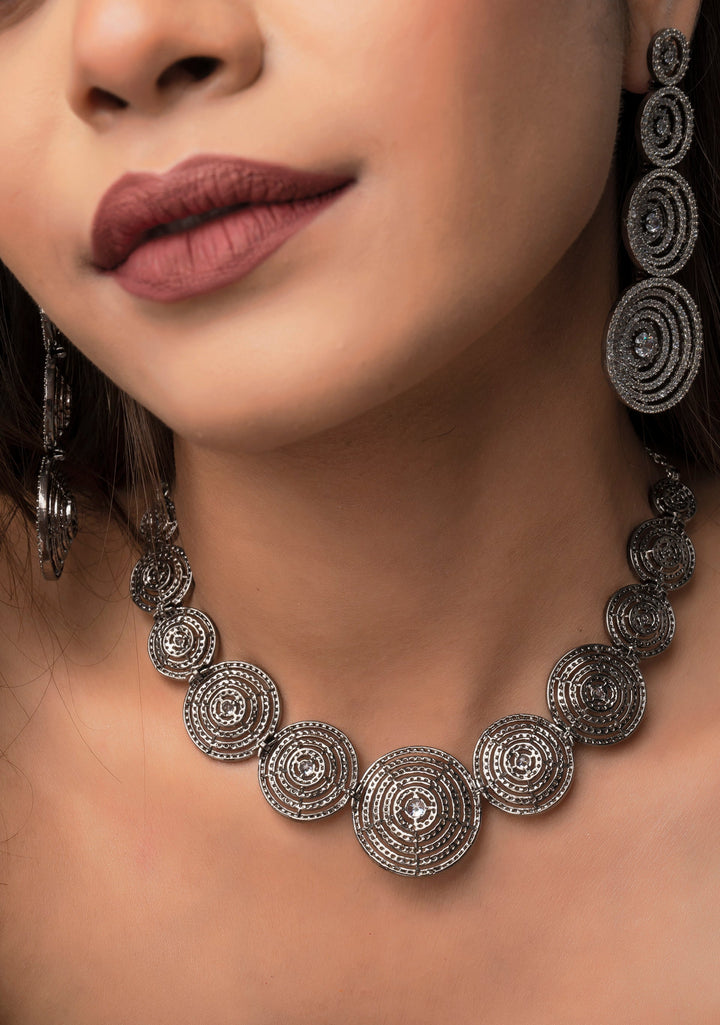 CZ Stone Studded Halo design  Necklace Set with 3" Long Earrings | Shobitam Jewelry