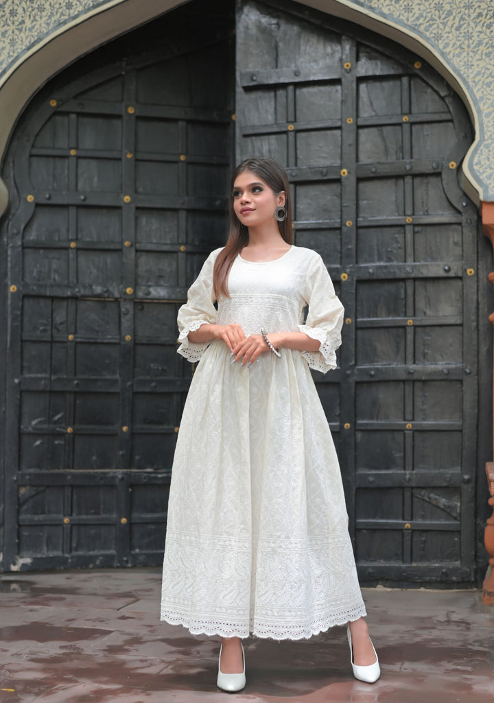 Sea Shell Chikankari Style Dress with Puff Sleeves and Eyelet Border | Made To Order