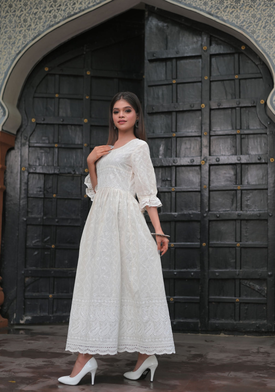 Sea Shell Chikankari Style Dress with Puff Sleeves and Eyelet Border | Made To Order