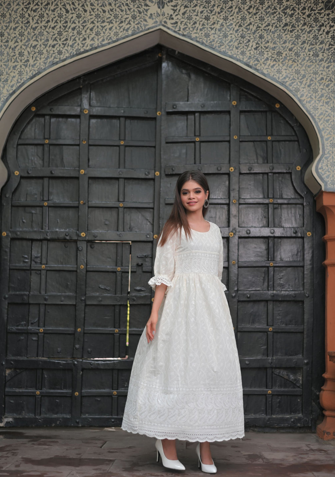 Sea Shell Chikankari Style Dress with Puff Sleeves and Eyelet Border | Made To Order