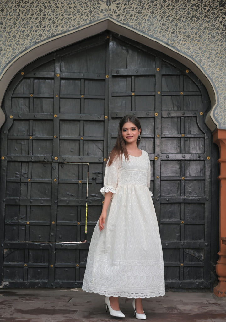 Sea Shell Chikankari Style Dress with Puff Sleeves and Eyelet Border | Made To Order