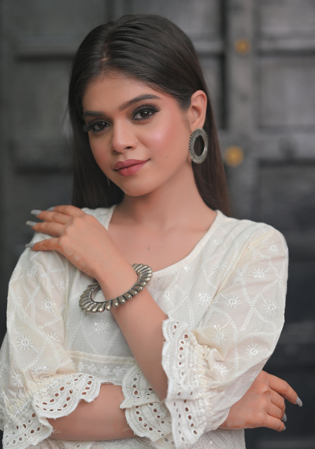 Sea Shell Chikankari Style Dress with Puff Sleeves and Eyelet Border | Made To Order