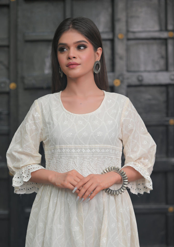 Sea Shell Chikankari Style Dress with Puff Sleeves and Eyelet Border | Made To Order