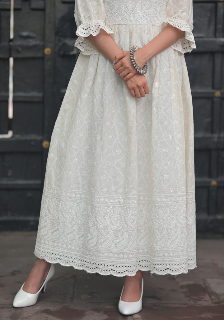 Sea Shell Chikankari Style Dress with Puff Sleeves and Eyelet Border | Made To Order