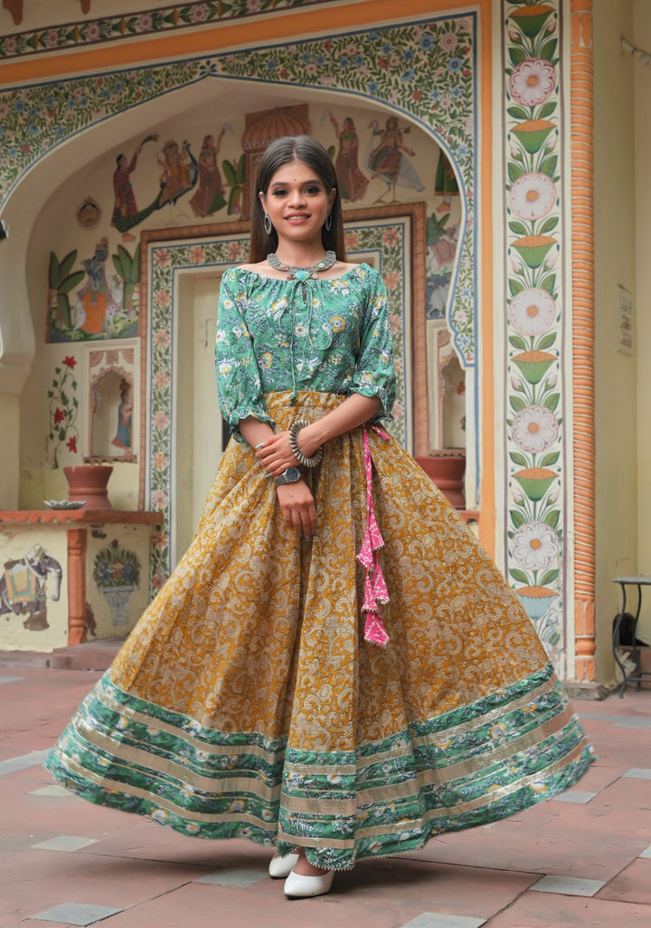 Mustard Love Peasant Top with Umbrella Cut Skirt For Woman, Twinning option available. | Made To Order