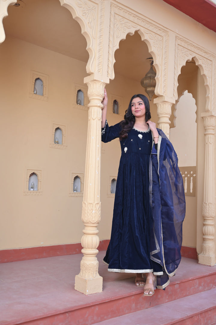 Midnight blue Nargis Velvet anarkali Set with Lace detailing border, 3 PIece Set | Made To Order