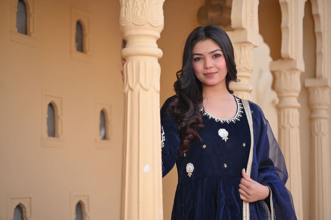 Midnight blue Nargis Velvet anarkali Set with Lace detailing border, 3 PIece Set | Made To Order