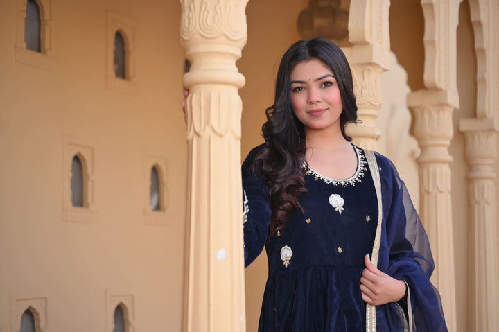 Midnight blue Nargis Velvet anarkali Set with Lace detailing border, 3 PIece Set | Made To Order