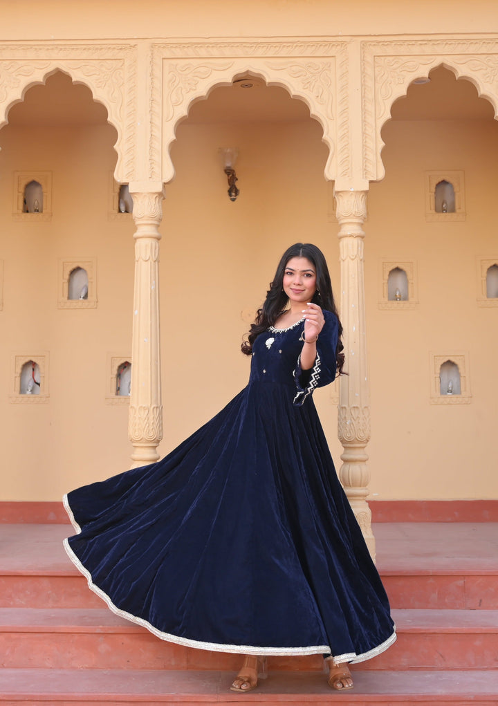 Midnight blue Nargis Velvet anarkali Set with Lace detailing border, 3 PIece Set | Made To Order