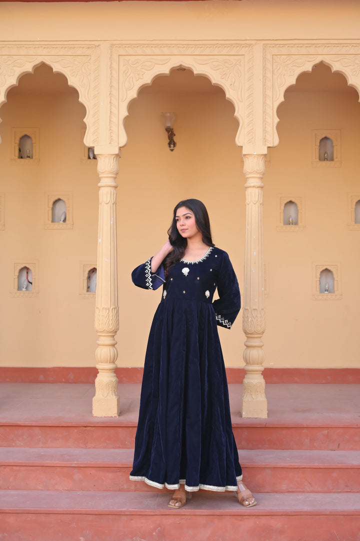 Midnight blue Nargis Velvet anarkali Set with Lace detailing border, 3 PIece Set | Made To Order
