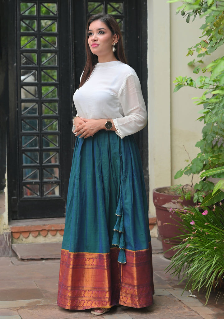 Moor Hues - Peacock Blue Green Pleated skirt with White Georgette Top | Made To Order