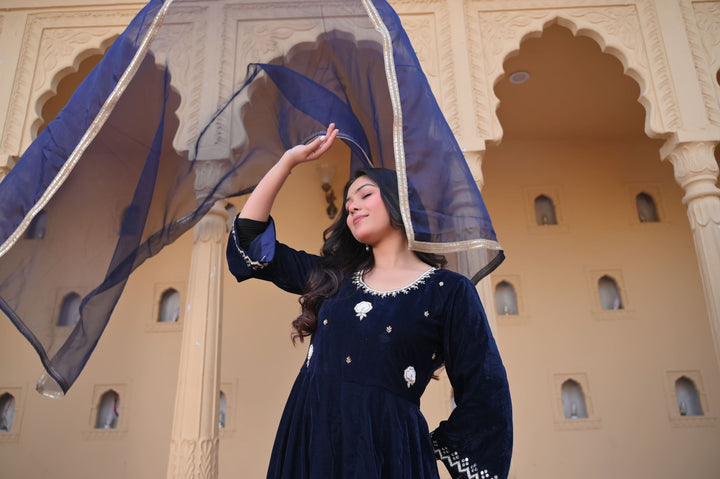 Midnight blue Nargis Velvet anarkali Set with Lace detailing border, 3 PIece Set | Made To Order