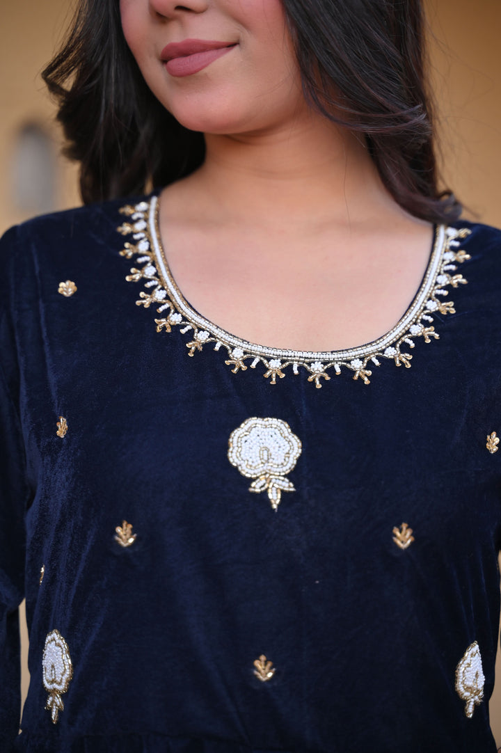 Midnight blue Nargis Velvet anarkali Set with Lace detailing border, 3 PIece Set | Made To Order
