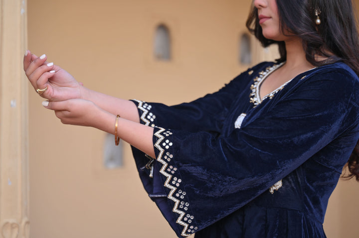 Midnight blue Nargis Velvet anarkali Set with Lace detailing border, 3 PIece Set | Made To Order