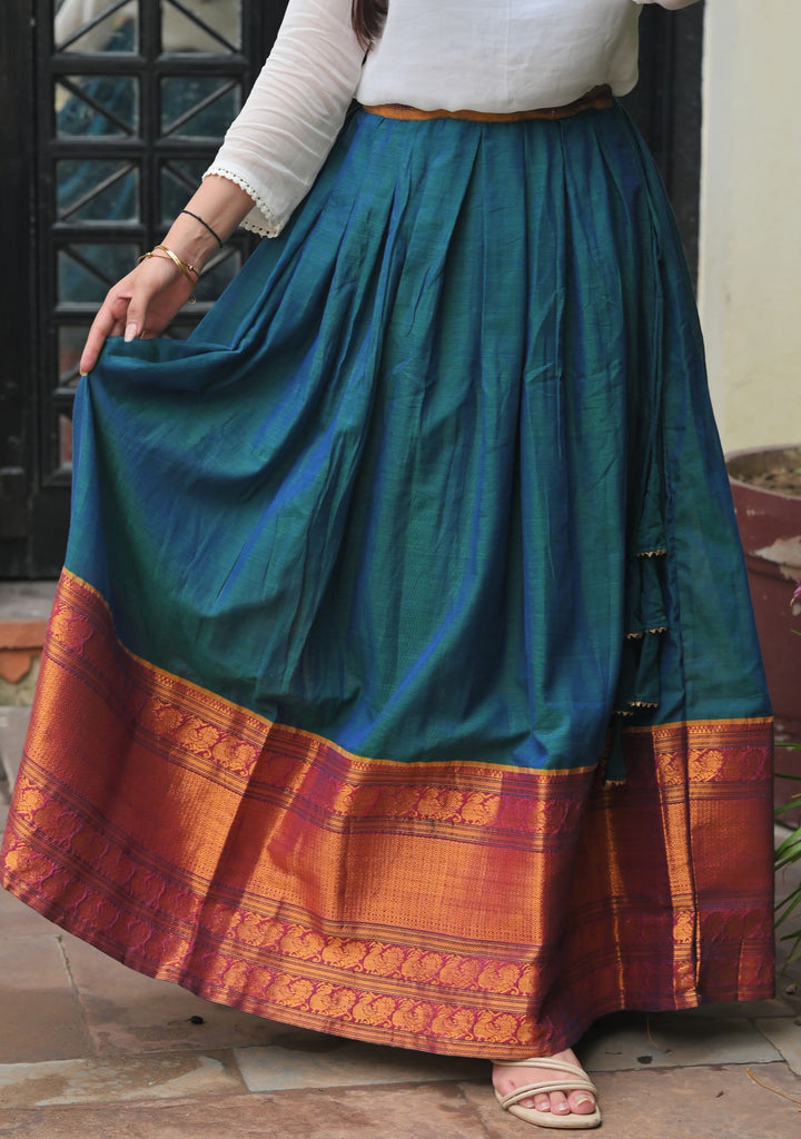 Moor Hues - Peacock Blue Green Pleated skirt with White Georgette Top | Made To Order