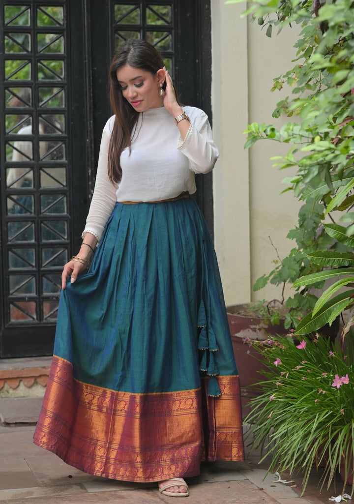 Moor Hues - Peacock Blue Green Pleated skirt with White Georgette Top | Made To Order