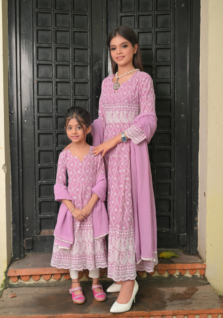 Orchid Chikankari Style Anarkali 3 Piece Set for Women, Kid Twinning option available | Made To Order