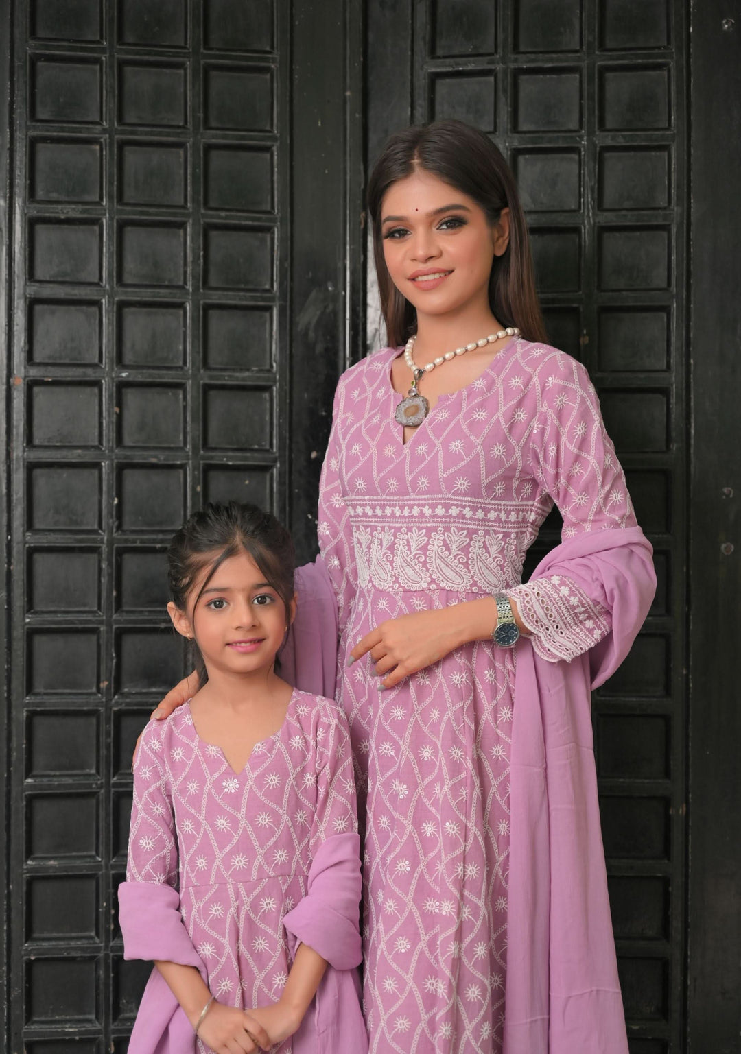 Orchid Chikankari Style Anarkali 3 Piece Set for Women, Kid Twinning option available | Made To Order