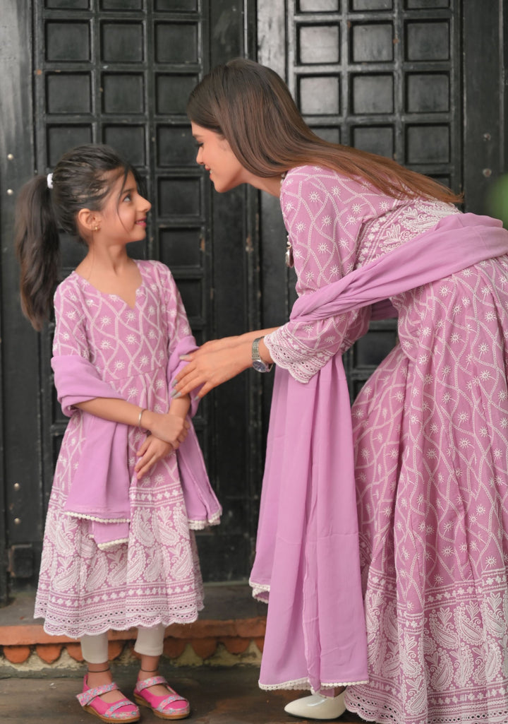 Orchid Chikankari Style Anarkali 3 Piece Set for Women, Kid Twinning option available | Made To Order