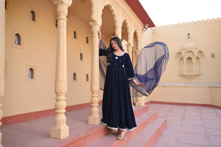 Midnight blue Nargis Velvet anarkali Set with Lace detailing border, 3 PIece Set | Made To Order