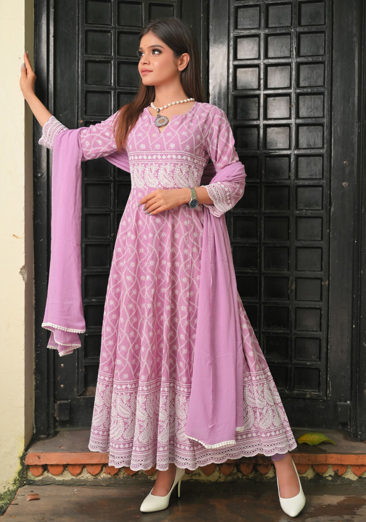 Orchid Chikankari Style Anarkali 3 Piece Set for Women, Kid Twinning option available | Made To Order