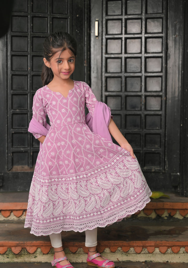 Orchid chikankari anarkali 3 Piece set - twinning option for Girls  |  Made To Order