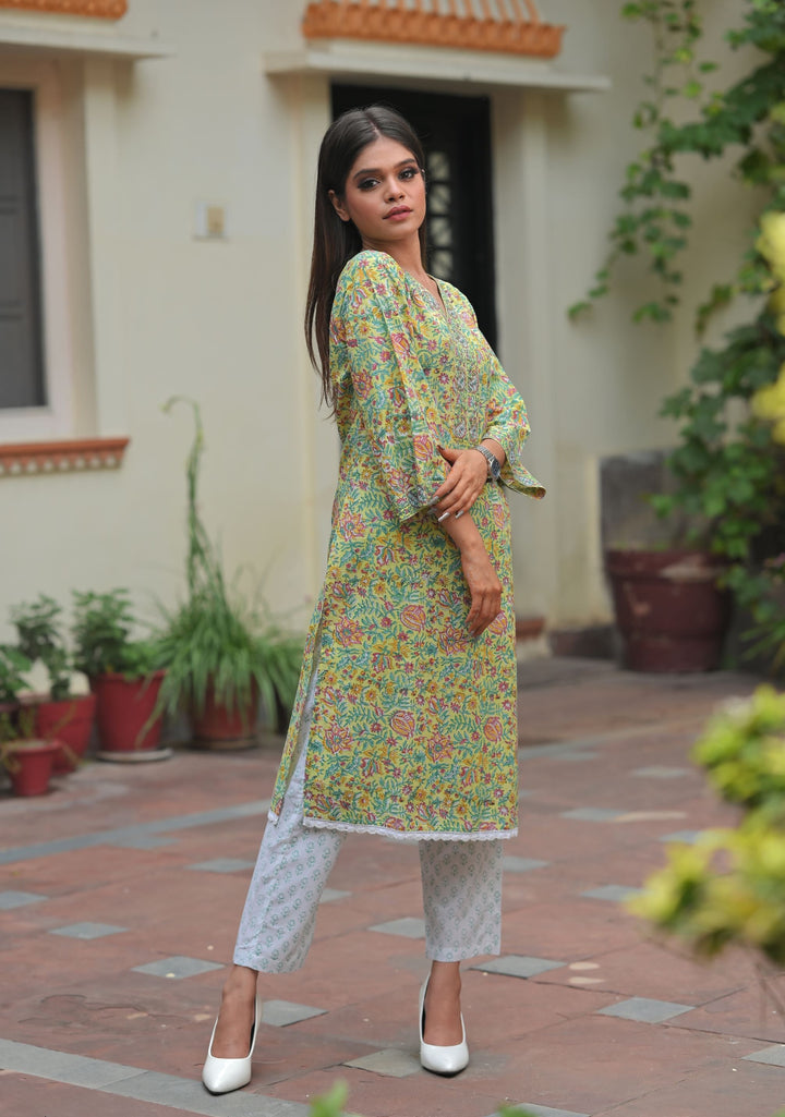 Aarzoo Lime 3 piece Suit with Kota doria Dupatta | Made To Order