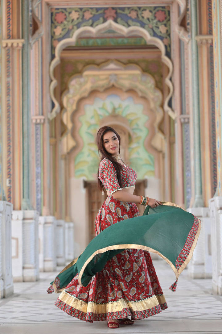 Red Paisley Lehenga handcrafted with hand block print cotton | Made To Order