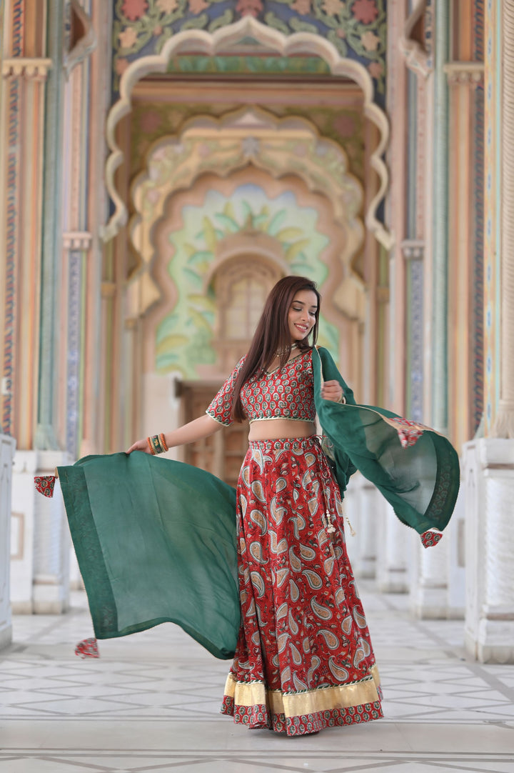 Red Paisley Lehenga handcrafted with hand block print cotton | Made To Order