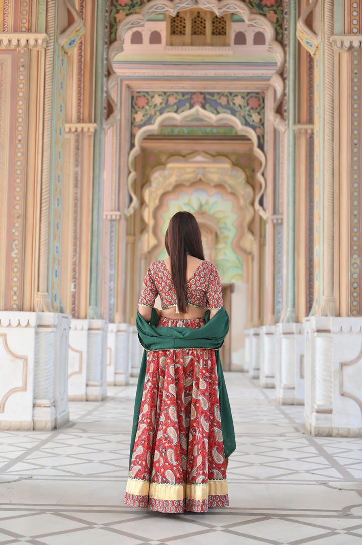 Red Paisley Lehenga handcrafted with hand block print cotton | Made To Order