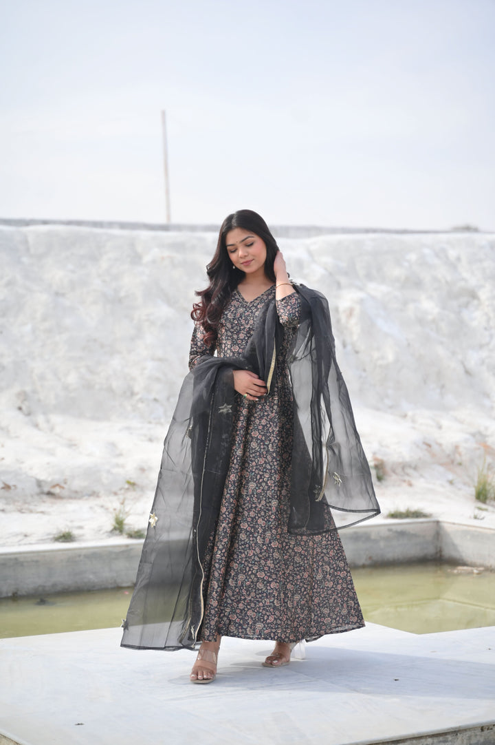 Yamini Floral Print 3 Piece Anarkali Set with Lace detailing border | Made To Order