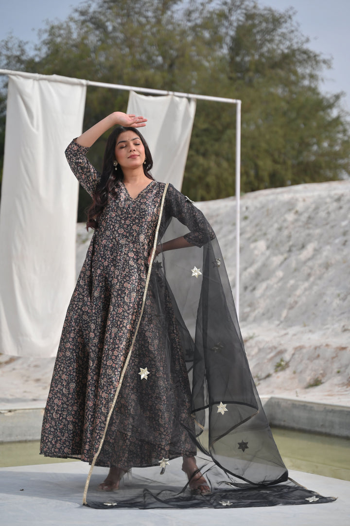 Yamini Floral Print 3 Piece Anarkali Set with Lace detailing border | Made To Order