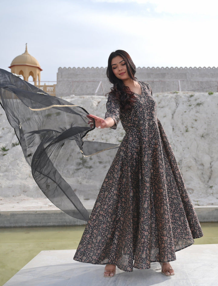 Yamini Floral Print 3 Piece Anarkali Set with Lace detailing border | Made To Order