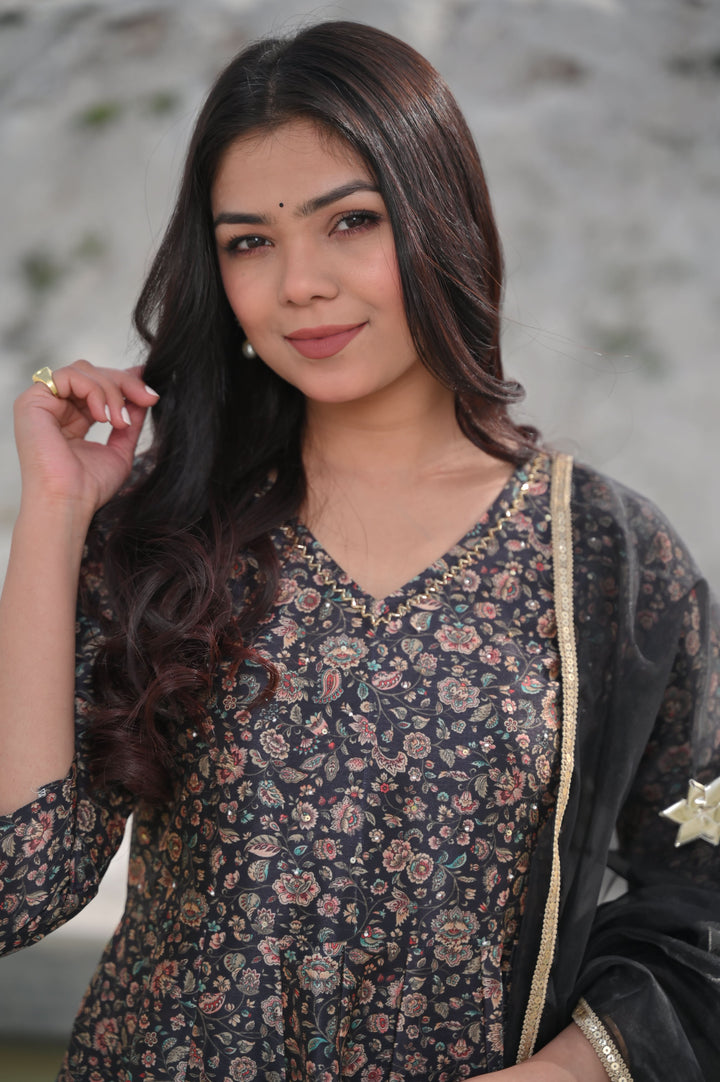 Yamini Floral Print 3 Piece Anarkali Set with Lace detailing border | Made To Order