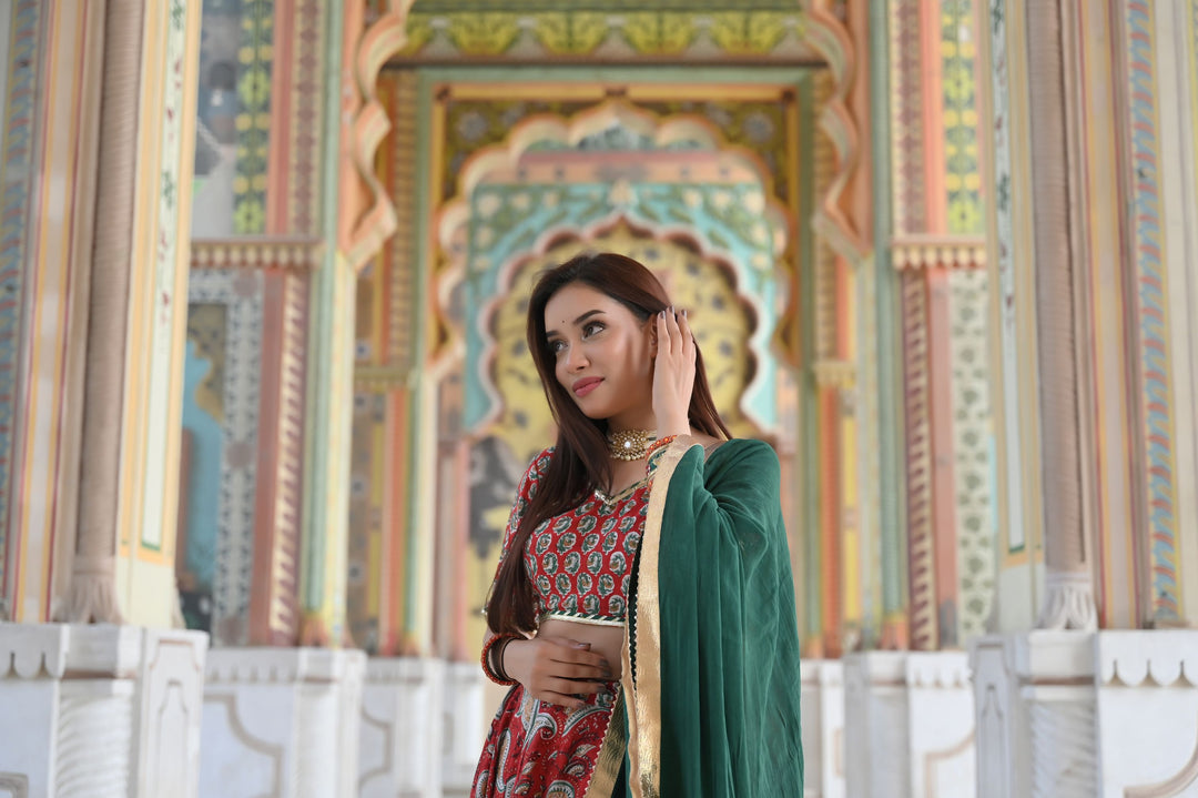 Red Paisley Lehenga handcrafted with hand block print cotton | Made To Order
