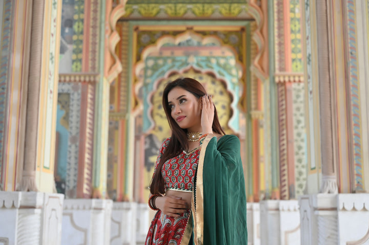 Red Paisley Lehenga handcrafted with hand block print cotton | Made To Order