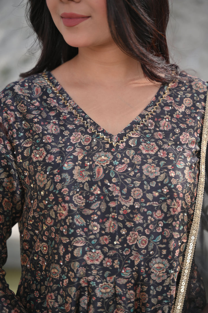 Yamini Floral Print 3 Piece Anarkali Set with Lace detailing border | Made To Order