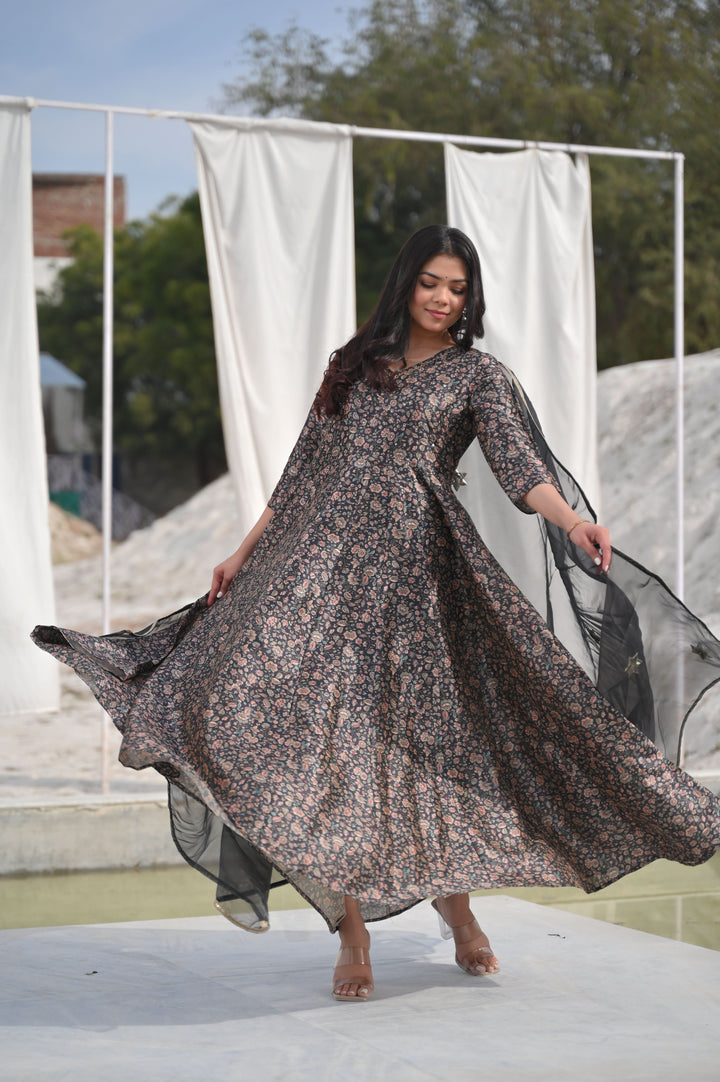 Yamini Floral Print 3 Piece Anarkali Set with Lace detailing border | Made To Order