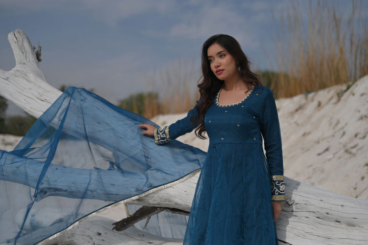 Tarini Teal organza anarkali 3 piece Set with Lace detailing border and dana, sequins bead embroidery| Made To Order