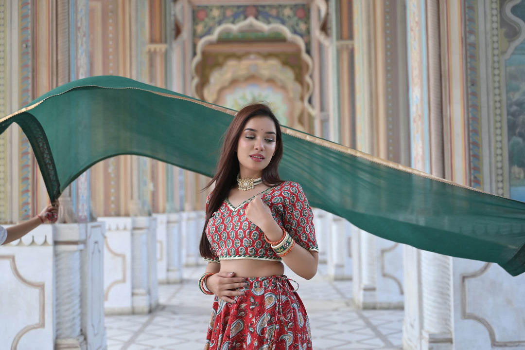 Red Paisley Lehenga handcrafted with hand block print cotton | Made To Order