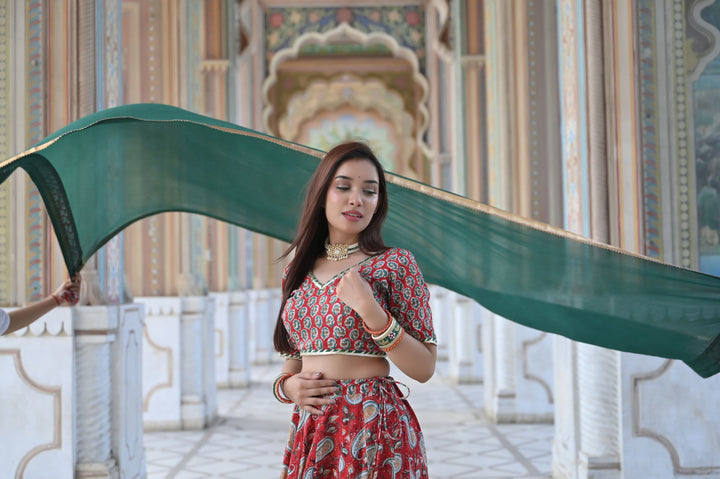 Red Paisley Lehenga handcrafted with hand block print cotton | Made To Order