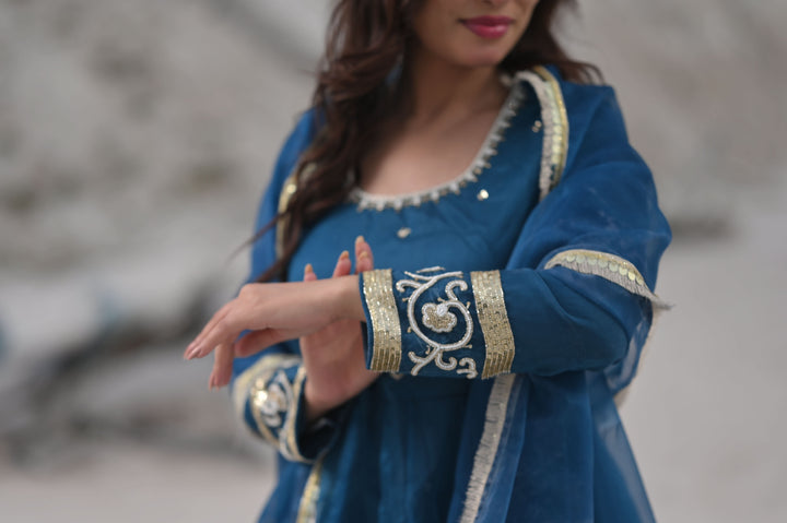 Tarini Teal organza anarkali 3 piece Set with Lace detailing border and dana, sequins bead embroidery| Made To Order