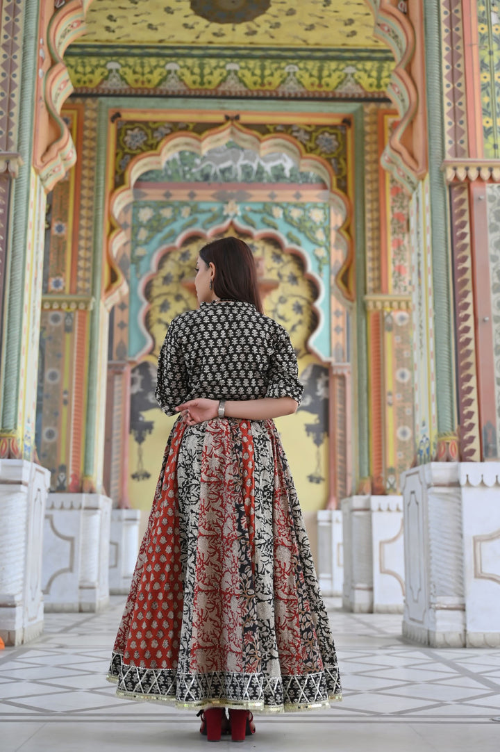Kalamkari Block print Kalidar Skirt and Mandarin Collar shirt| Made To Order