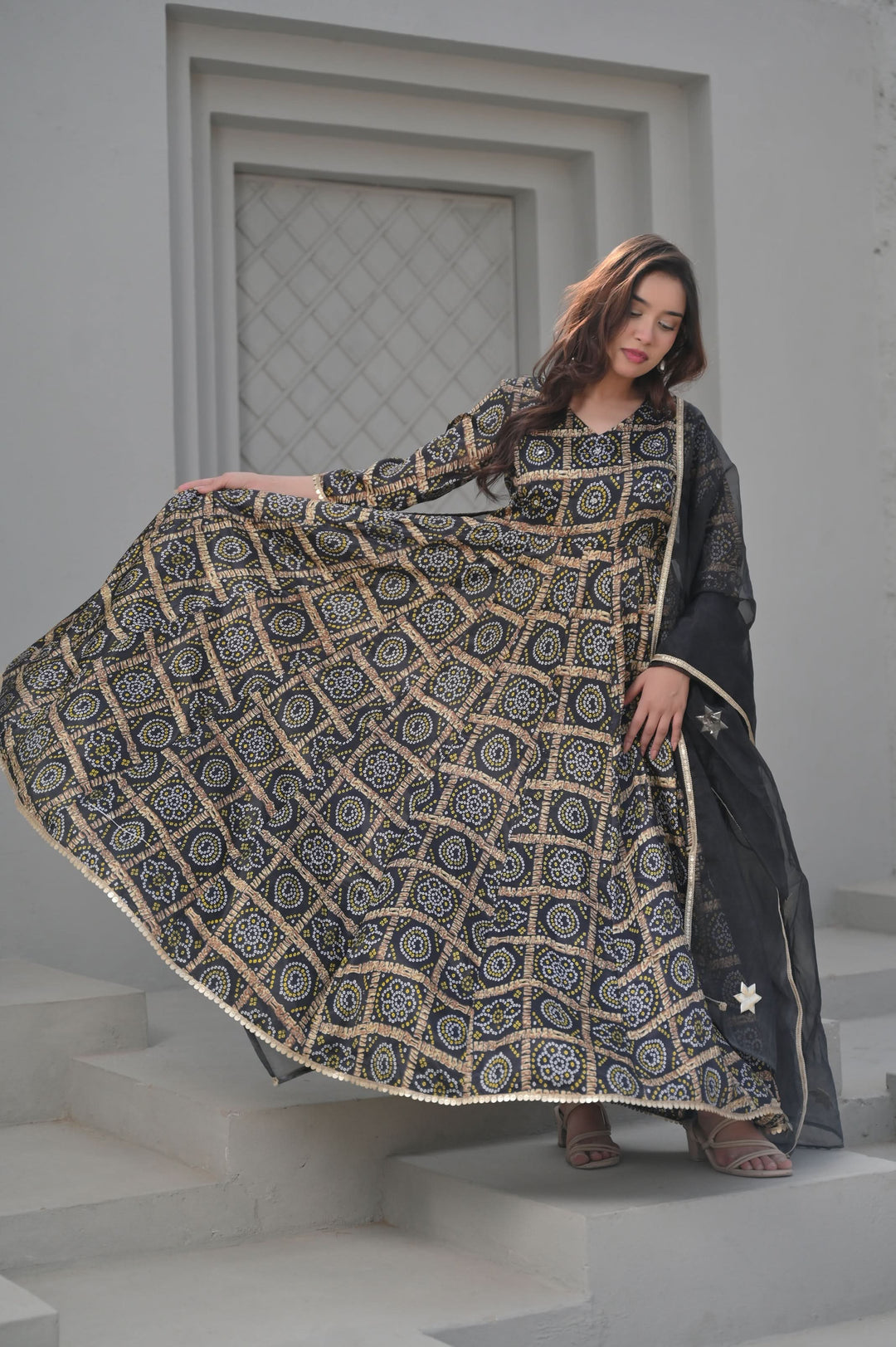 Raina Ankle Length Black Anarkali with Patola Print 3 Piece Set | Made To Order