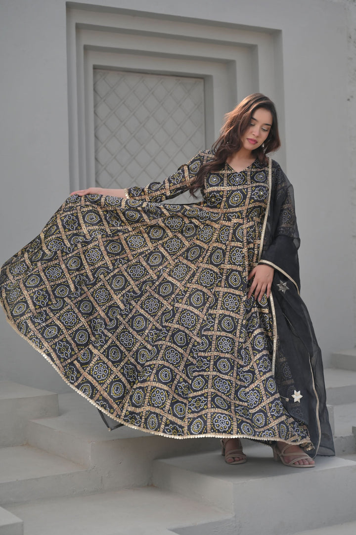 Raina Ankle Length Black Anarkali with Patola Print 3 Piece Set | Made To Order